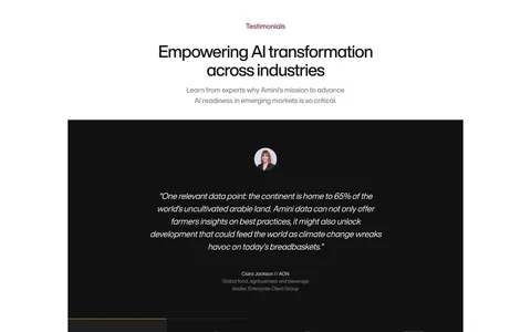 Amini testimonials section: centered headline above a black panel with a centered italic quote and a row of logo tabs