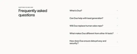 Amplemarket FAQ section: headline on the left and an accordion of five questions with plus icons on the right, on off-white