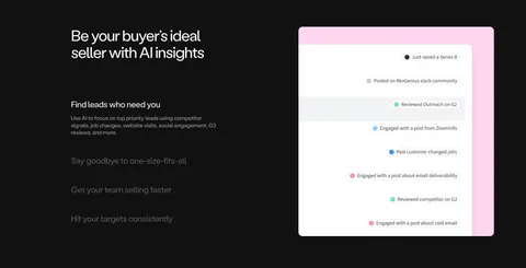 Amplemarket features section: dark background with headline and accordion list on the left, lead signals UI on a pink panel at right