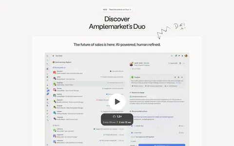 Amplemarket features section: centered headline above a product video card and a 2x2 bento of UI cards with hand-drawn doodles
