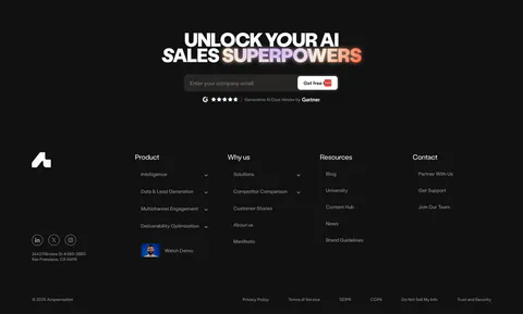 Amplemarket footer section: dark centered headline with gradient text and email field above link columns, socials and legal row