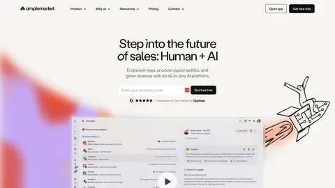 Amplemarket hero section: centered headline and email field above a product screenshot with play button, rocket doodle and color blurs
