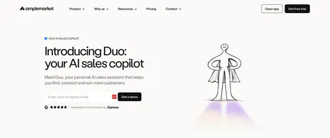 Amplemarket hero section: headline, email field and rating on the left beside a hand-drawn caped figure illustration on off-white