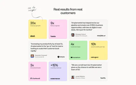 Amplemarket testimonials section: centered headline above a bento grid of pastel metric tiles and gray quote cards with logos