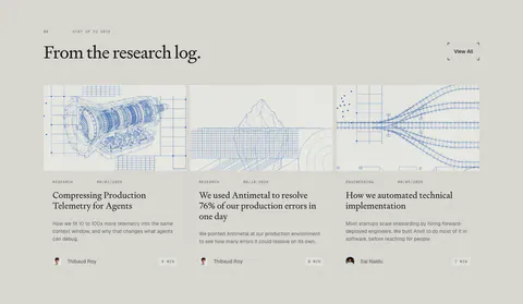 Antimetal blog & resources section: serif headline with View All button over three article cards with blue blueprint line drawings