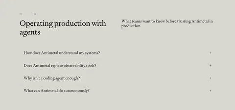 Antimetal FAQ section: serif headline and intro side by side above a bordered accordion of four serif questions on warm gray