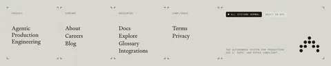 Antimetal footer section: five corner-bracketed boxes with serif link lists, status badge, tagline and dotted logo mark on warm gray