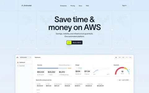 Antimetal hero section: centered headline and button on a light blue grid pattern above a large AWS cost dashboard screenshot