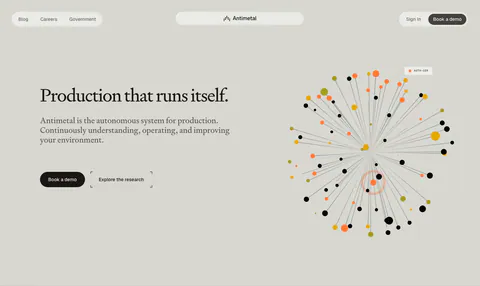 Antimetal hero section: pill nav, serif headline with two buttons at left, radial burst of orange, yellow and black dots at right