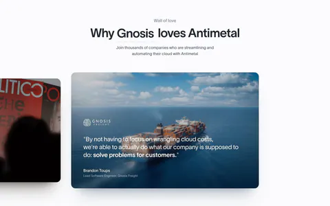 Antimetal testimonials section: centered headline above a carousel of photo quote cards with a cargo ship image and logo selectors