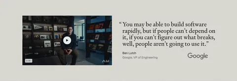 Antimetal testimonials section: video thumbnail of a speaker at left, large serif quote from a Google VP with Google logo at right