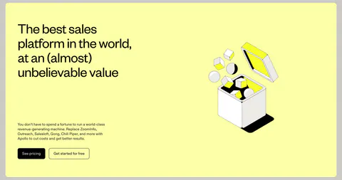 Apollo call-to-action section: headline, copy and two buttons left with an isometric line-art box illustration right on a pale yellow panel