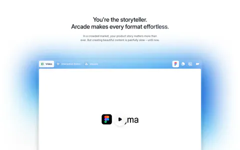 Arcade features section: centered headline above a tabbed video player window with a play button and soft blue glow
