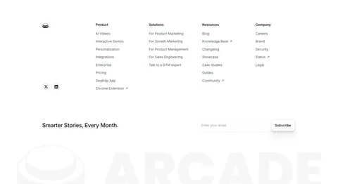 Arcade footer section: four link columns and an email subscribe field above a faded oversized ARCADE wordmark and logo