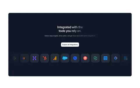 Arcade integrations section: dark navy panel with centered headline, Explore button and a row of app icon tiles fading at the edges