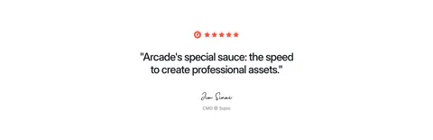 Arcade testimonials section: centered quote under a G2 five-star rating with a handwritten signature and job title