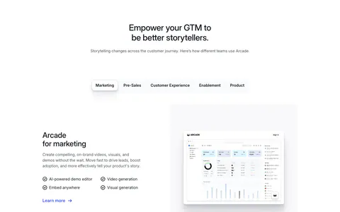 Arcade use cases section: centered headline over team tabs, with marketing copy and checklist beside a dashboard screenshot