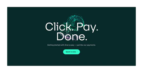 Aria call-to-action section: large centered headline over a teal particle sphere with a mint button on a dark teal panel