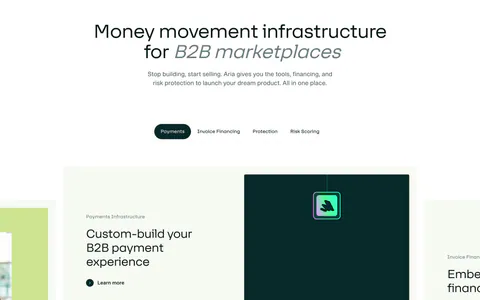 Aria features section: centered headline above a pill tab bar and a carousel of cards with text and a dark teal visual panel