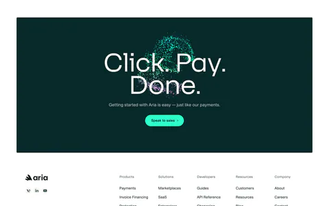 Aria footer section: dark teal call-to-action panel with large centered headline above a white footer with logo and five link columns
