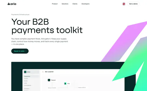 Aria hero section: left-aligned headline and button with purple-green gradient logo shapes above a payments dashboard screenshot