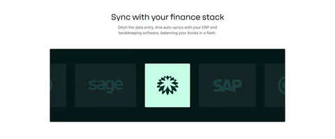 Aria integrations section: centered headline above a dark panel with a sliding row of accounting software logo tiles, one highlighted