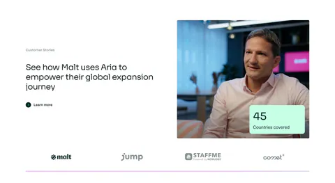 Aria testimonials section: customer story headline left, customer photo with a stat card right, and a row of customer logos below