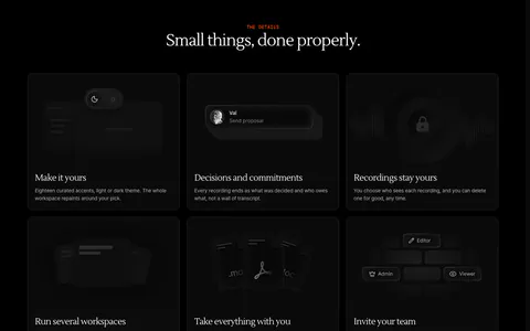 Arke features section: centered serif headline above a three-by-two grid of dark cards with subtle UI vignettes and short descriptions
