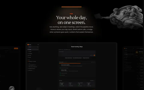 Arke features section: centered serif headline above a dark dashboard screenshot carousel framed by halftone Renaissance figures