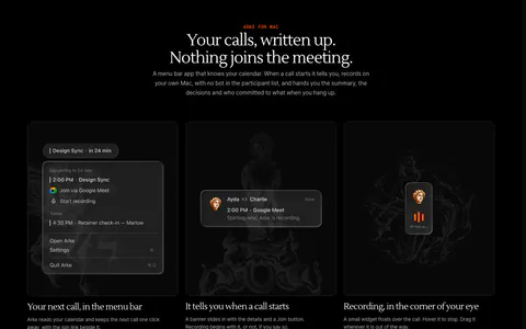 Arke features section: centered serif headline above three dark cards showing a menu bar call reminder, notification and recording widget