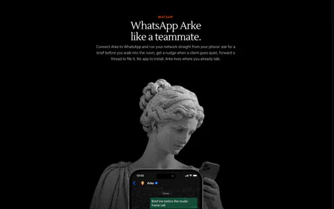 Arke features section: centered serif headline above a halftone marble statue holding a phone showing a WhatsApp chat with Arke