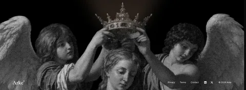 Arke footer section: full-width grayscale halftone painting of angels crowning a figure with the wordmark and small legal links along the bottom