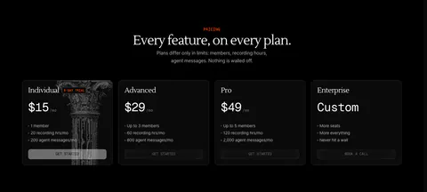 Arke pricing section: centered serif headline above four dark plan cards from $15 Individual to Custom Enterprise, one with a halftone column