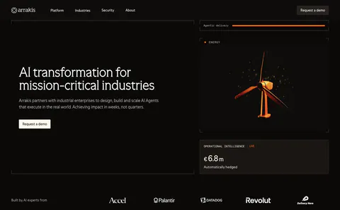 Arrakis hero section: dark split layout with headline and demo button beside a 3D wind turbine render and data cards, logo row below