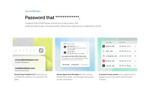 Aside features section: left-aligned headline above three pastel cards with credential, approval and access log mockups