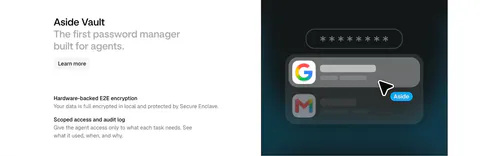 Aside features section: heading and two feature notes at left beside a dark panel with a password field and autofill UI