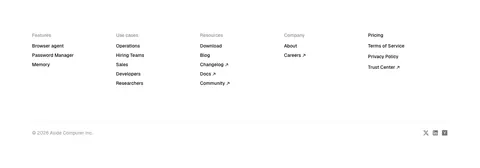 Aside footer section: five link columns, copyright line and small social icons on white