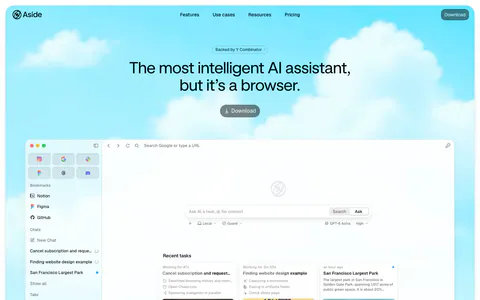 Aside hero section: centered headline, YC badge and download button over a cloudy sky, above a browser app screenshot