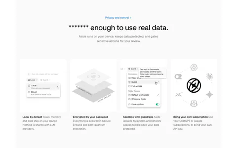 Aside security section: centered headline above four gray cards with permission menu, encryption and AI model visuals