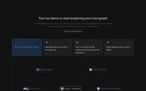 Atlassian features section: centered heading, four selectable prompt cards and a project node graph in a dashed frame on dark