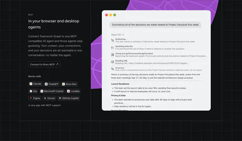 Atlassian features section: MCP copy, button and agent chips on the left, chat UI window over a purple shape on the right, dark grid