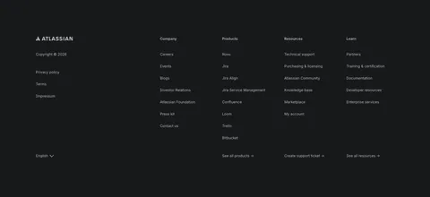 Atlassian footer section: Atlassian logo, legal links and four link columns with a language selector on a dark background