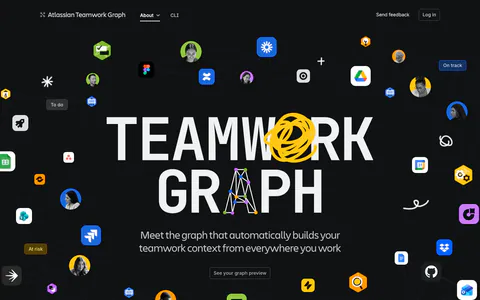 Atlassian hero section: huge centered TEAMWORK GRAPH headline with doodles, ringed by app icons and avatars linked by graph lines on dark