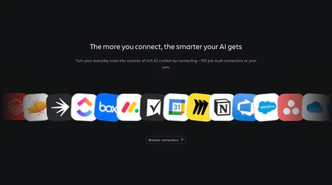 Atlassian integrations section: centered heading and copy above a curved row of connector app icons and a browse button on dark