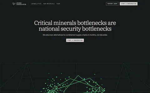 Atomic Tessellator hero section: centered serif headline and Start a conversation button above a green wireframe crystal graphic on near-black