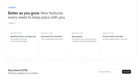 Attio blog & resources section: changelog headline above four dated update columns, with an email subscribe row below