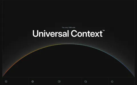 Attio features section: large centered headline over a glowing horizon arc, five equal feature cells with icons below, dark background