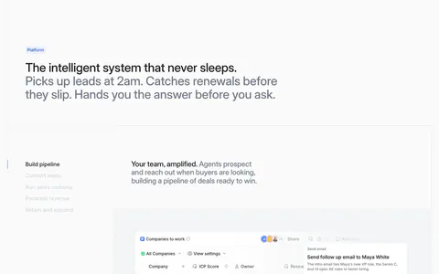 Attio features section: two-tone headline above a vertical tab list beside a companies table with email draft and two smaller UI cards