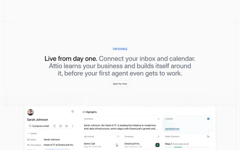 Attio features section: centered two-tone headline with Start for free button above a contact record UI with highlights and activity