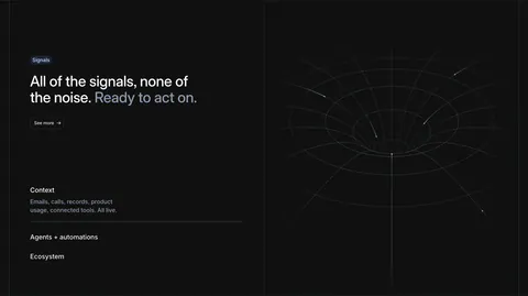 Attio features section: headline with See more button and an expandable list at left, white wireframe funnel line art at right, dark